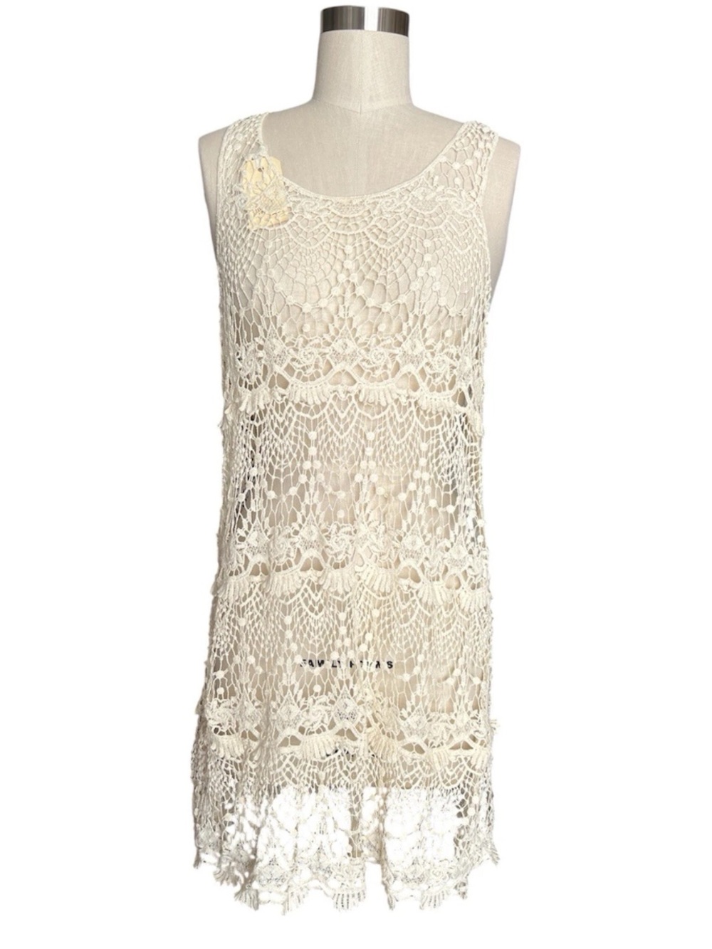 Vintage Cream Hand Crochet Lace Coverup Dress Medium